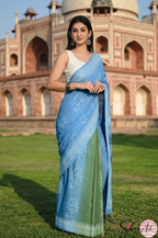 Handblock Printed DIL SE MULCOTTON Blue Green Saree with Blouse Piece