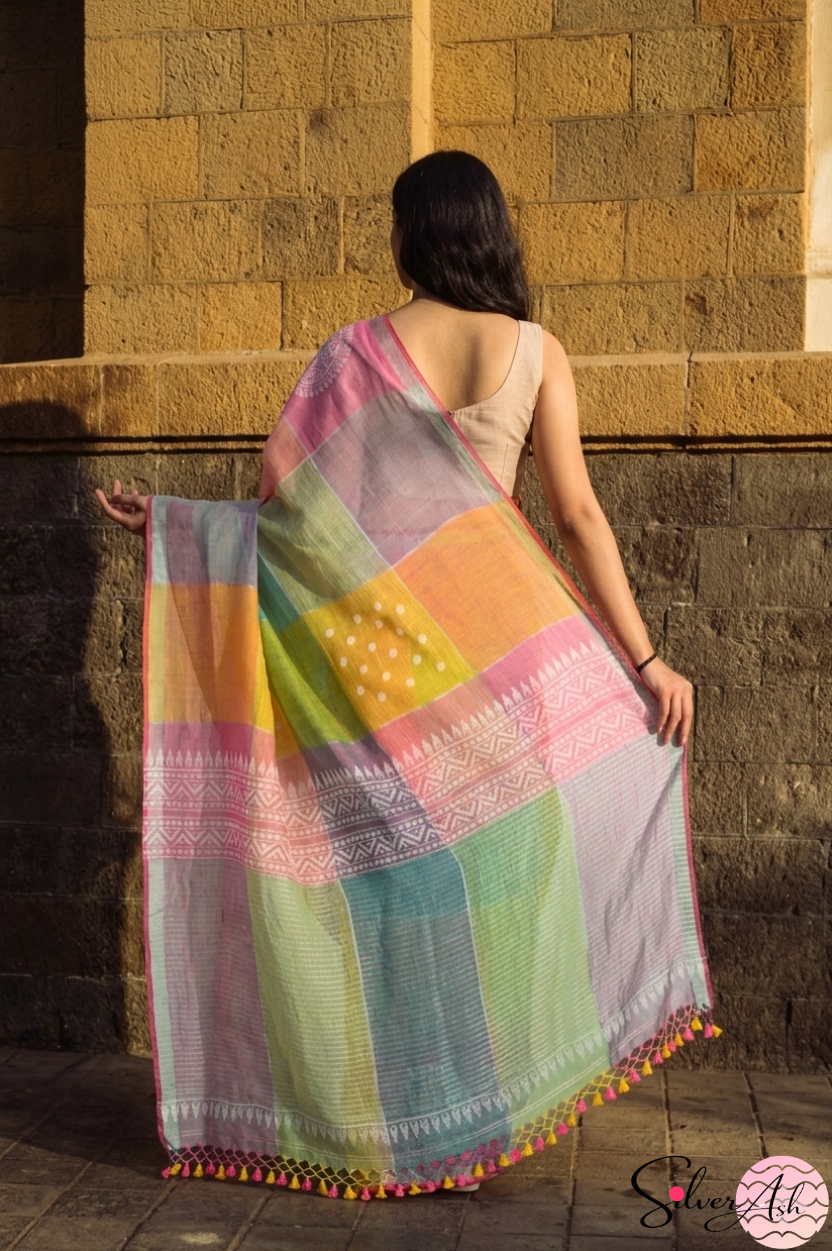 Handblock Printed RANG DE MOHE LINEN GREEN-PINK Saree with Blouse Piece