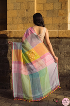 Handblock Printed RANG DE MOHE LINEN GREEN-PINK Saree with Blouse Piece