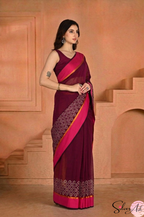 Handblock Printed KASHVI MULCOTTON Wine Saree with Blouse Piece