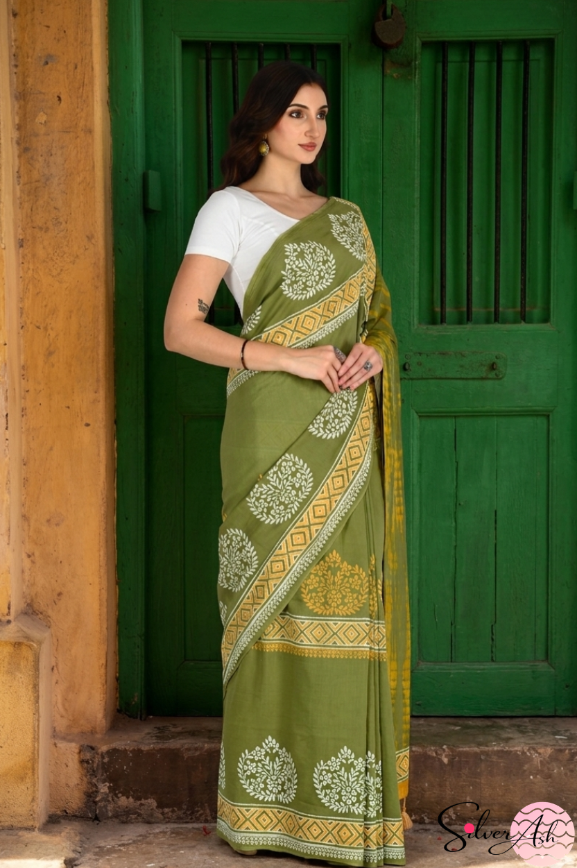 Handblock Printed DHARA MULCOTTON Green Yellow Saree with Blouse Piece