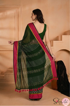 Handblock Printed KASHVI MULCOTTON Green Saree with Blouse Piece