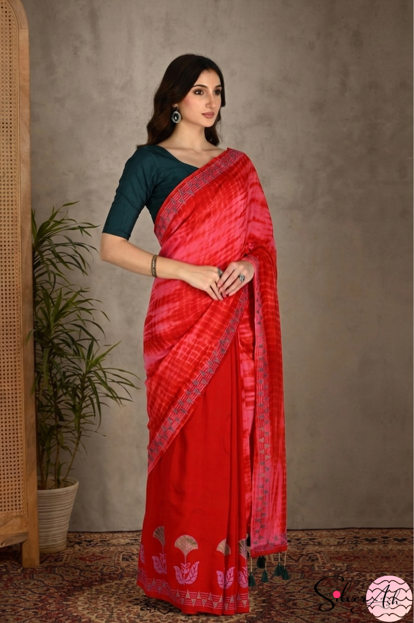 Handblock Printed MAYA MEMSAAB MUSLIN SILK Red Saree with Blouse Piece