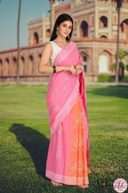 Handblock Printed DIL SE MULCOTTON Pink Orange Saree with Blouse Piece