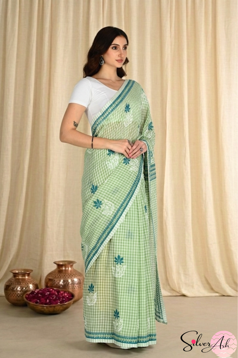 Handblock Printed CHAKOR MULCOTTON Green Light Saree