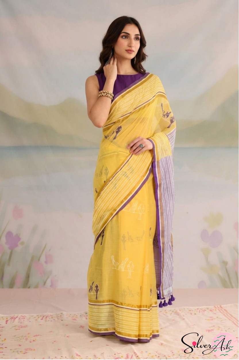 Handblock Printed CHIDIYA MULCOTTON Yellow Saree with Blouse Piece
