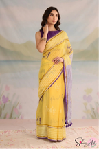 Handblock Printed CHIDIYA MULCOTTON Yellow Saree with Blouse Piece
