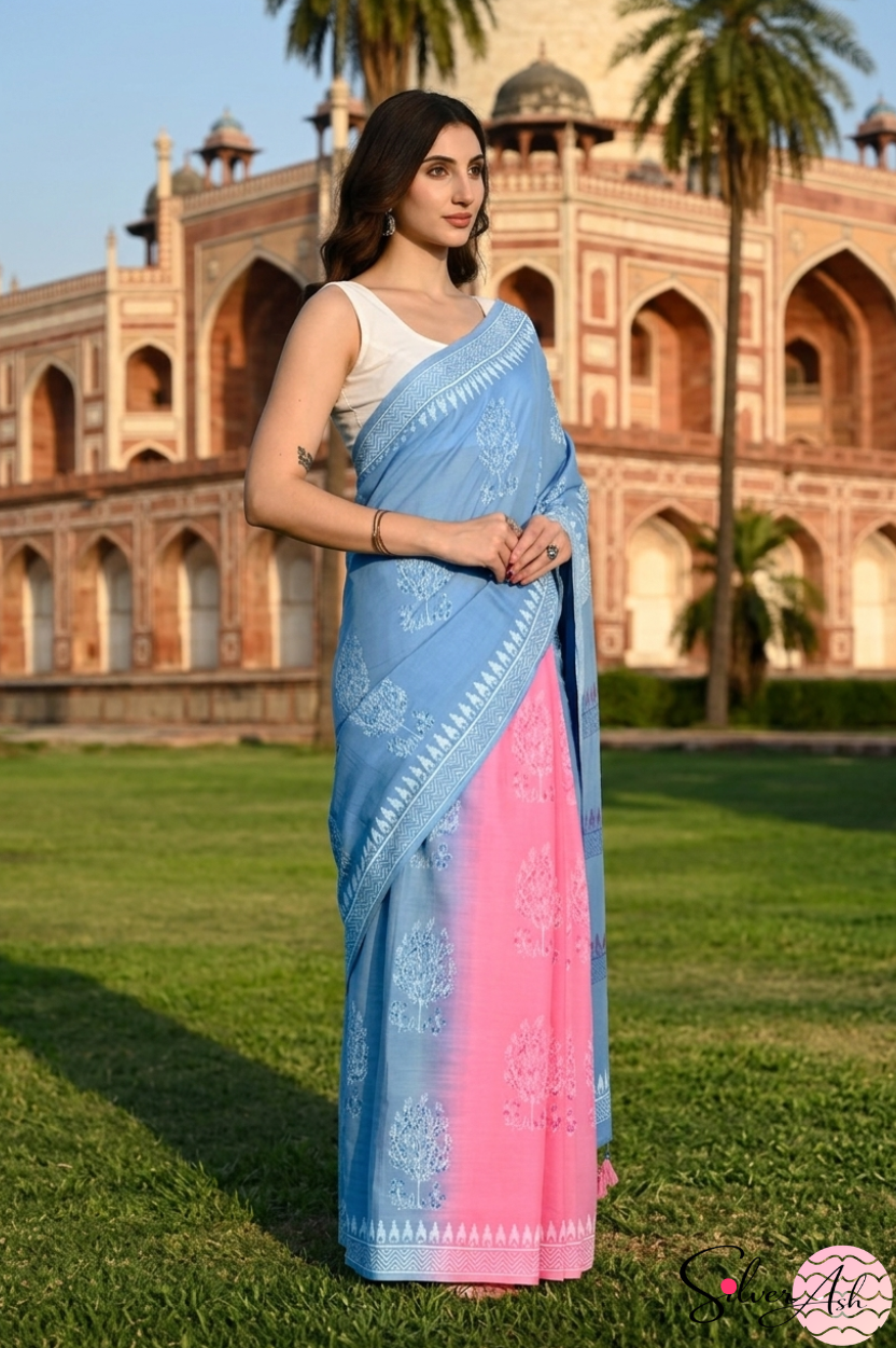 Handblock Printed DIL SE MULCOTTON Blue Pink Saree with Blouse Piece