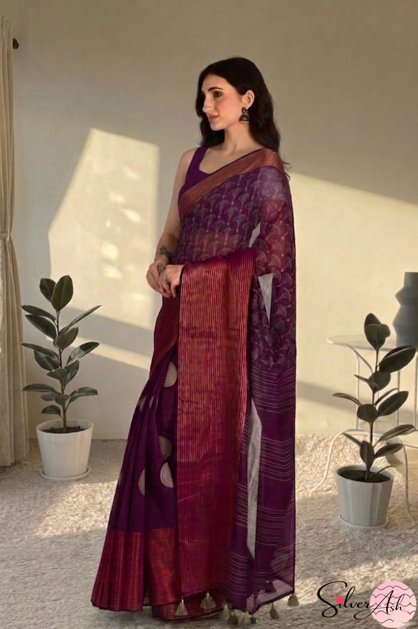 Handblock Printed DIVA MULCOTTON Wine Saree with Blouse Piece