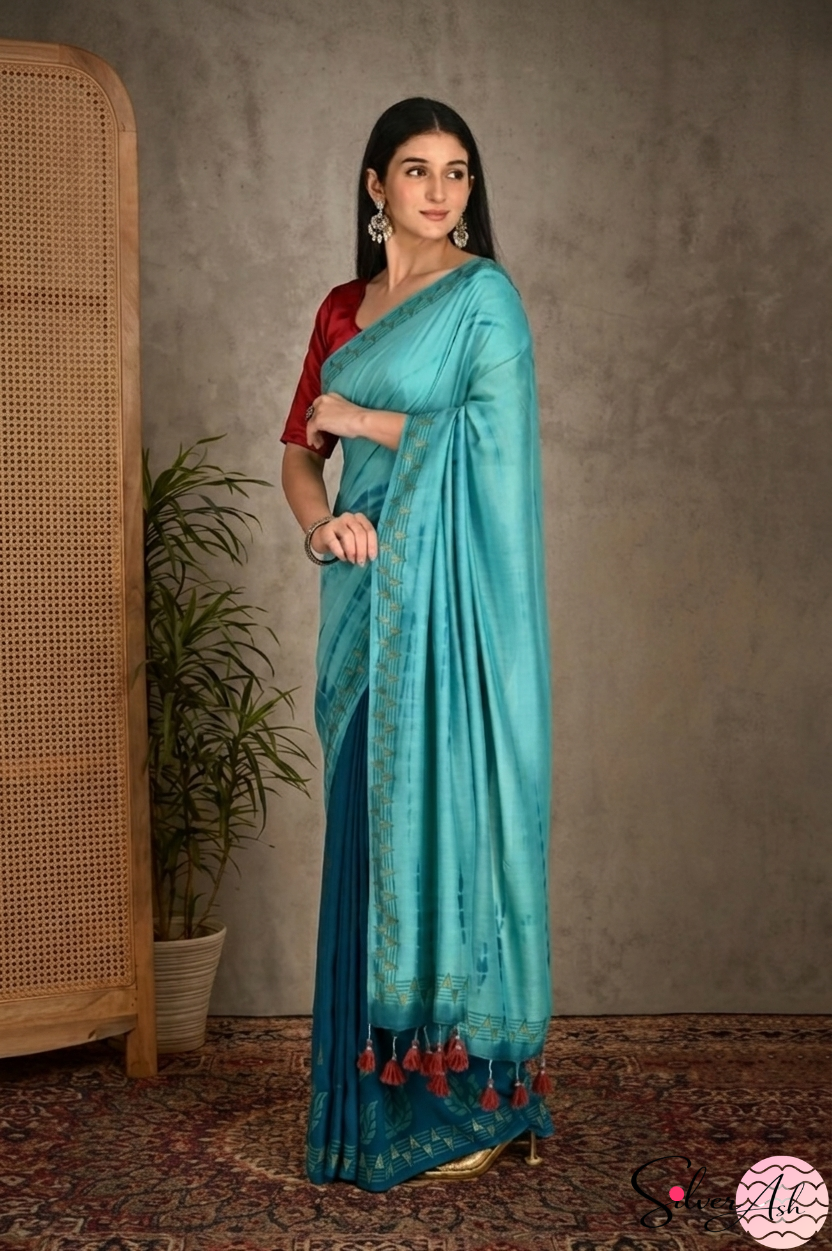 Handblock Printed MAYA MEMSAAB MUSLIN SILK Teal Blue Saree with Blouse Piece