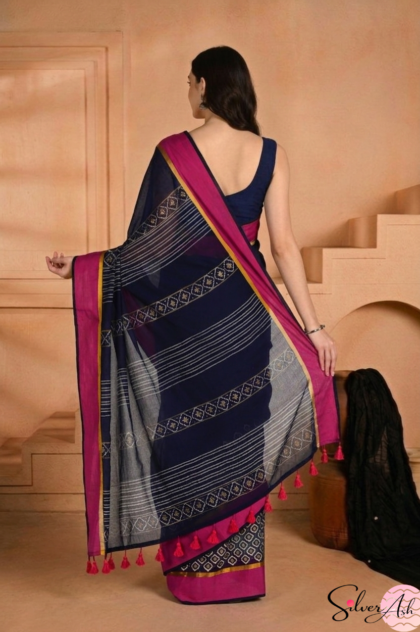 Handblock Printed KASHVI MULCOTTON Blue Saree with Blouse Piece