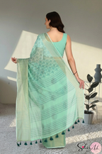Handblock Printed DIVA MULCOTTON Green Saree with Blouse Piece