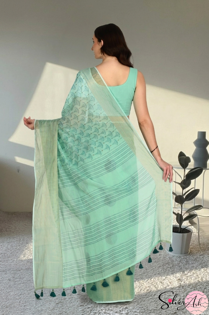 Handblock Printed DIVA MULCOTTON Green Saree with Blouse Piece