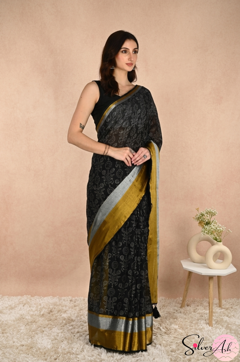 Handblock Printed ALBELI MULCOTTON Black Saree with Blouse Piece