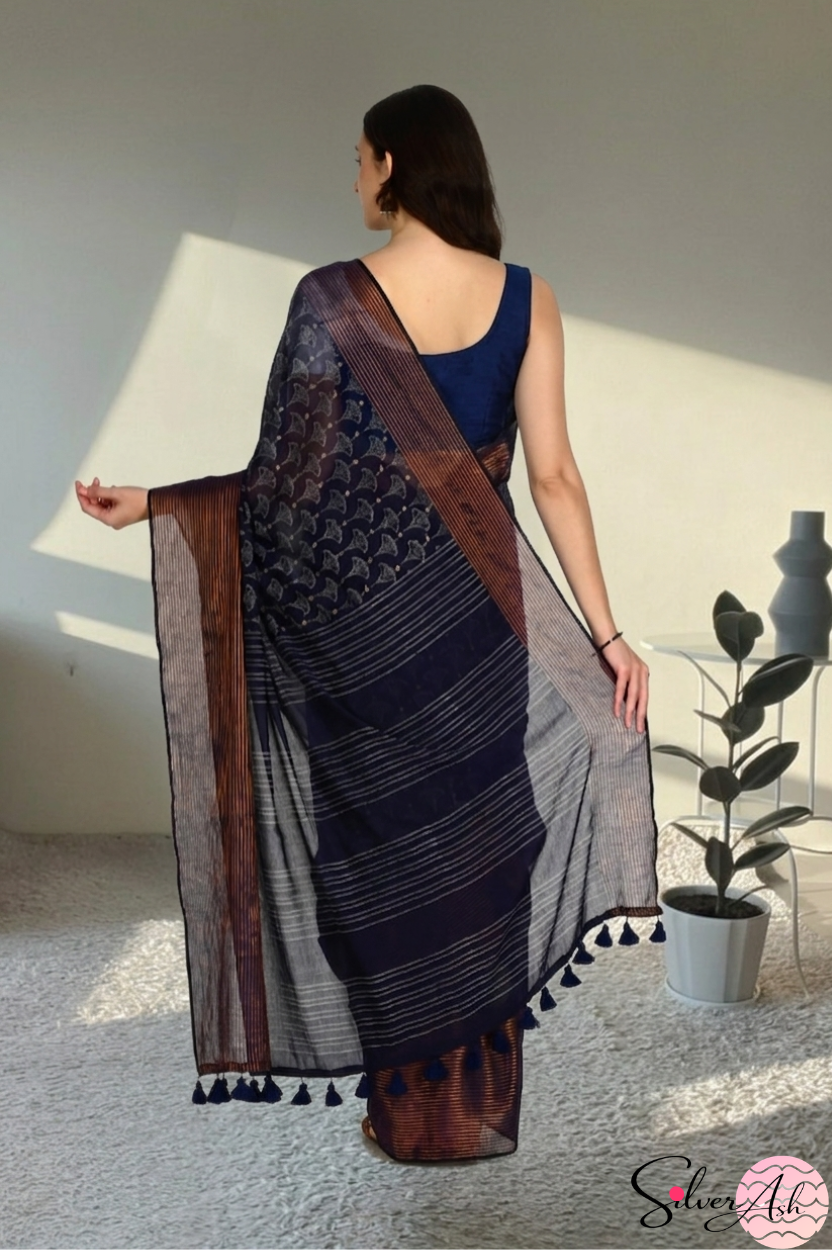 Handblock Printed DIVA MULCOTTON Blue Saree with Blouse Piece