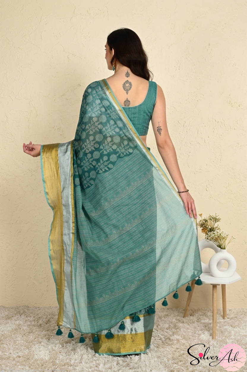 Handblock Printed ALBELI MULCOTTON Green Saree with Blouse Piece