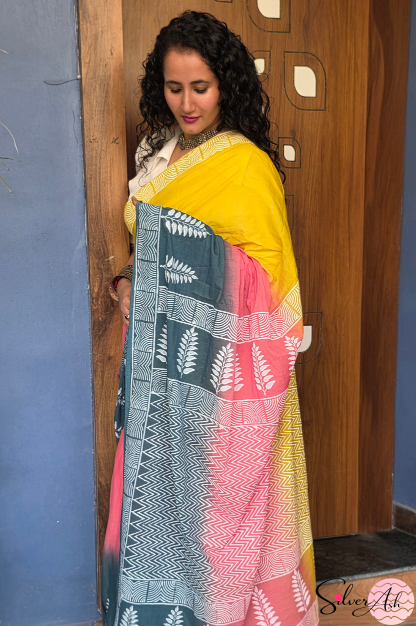 Handblock Printed TRIYA MULCOTTON Peach Saree with Blouse Piece