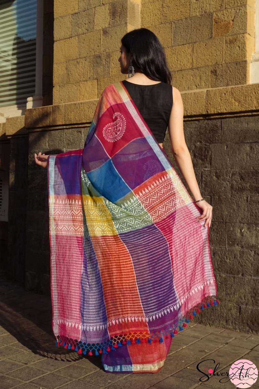 Handblock Printed RANG DE MOHE LINEN BLUE-PURPLE Saree with Blouse Piece