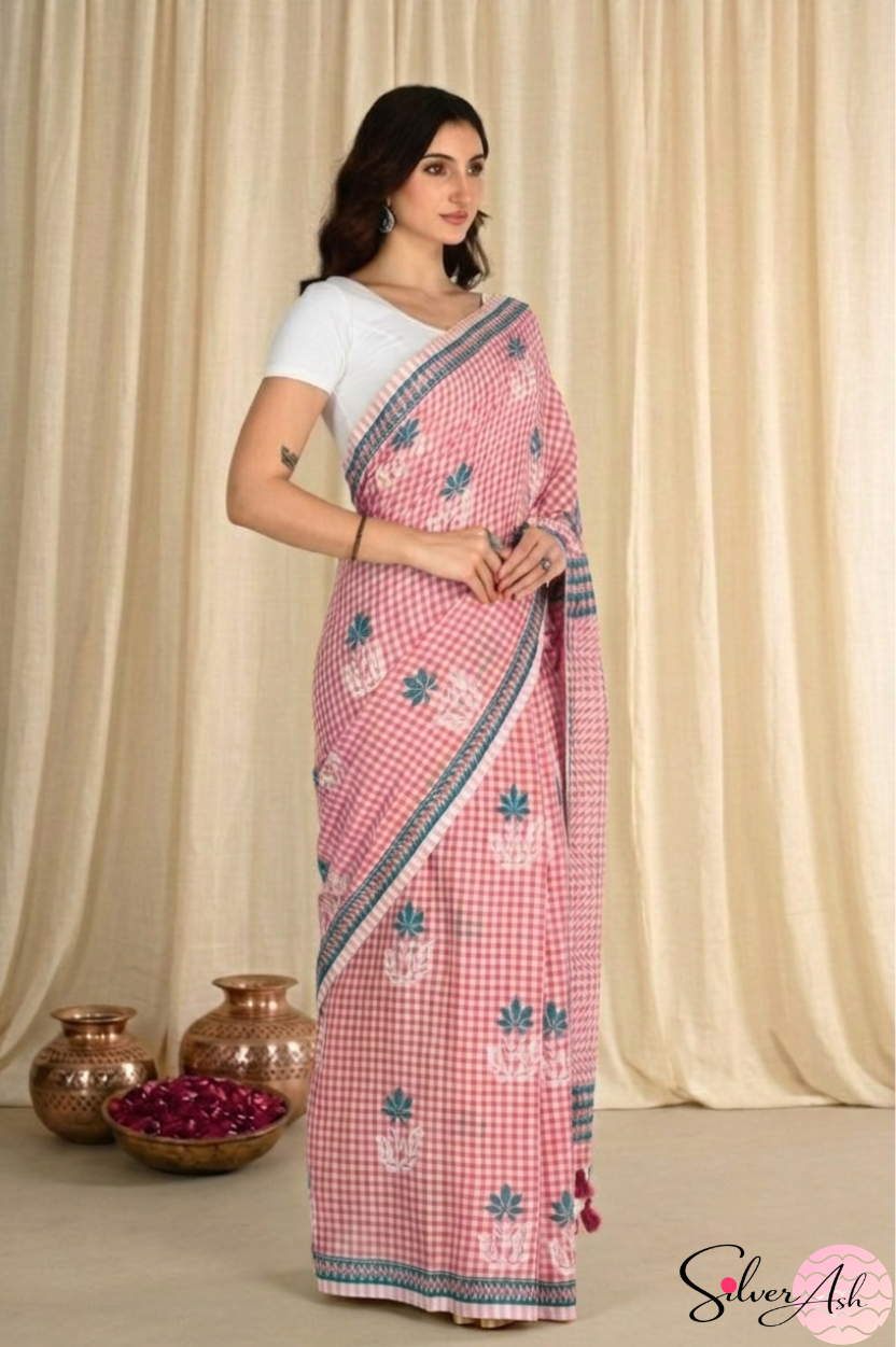 Handblock Printed CHAKOR MULCOTTON Pink Saree