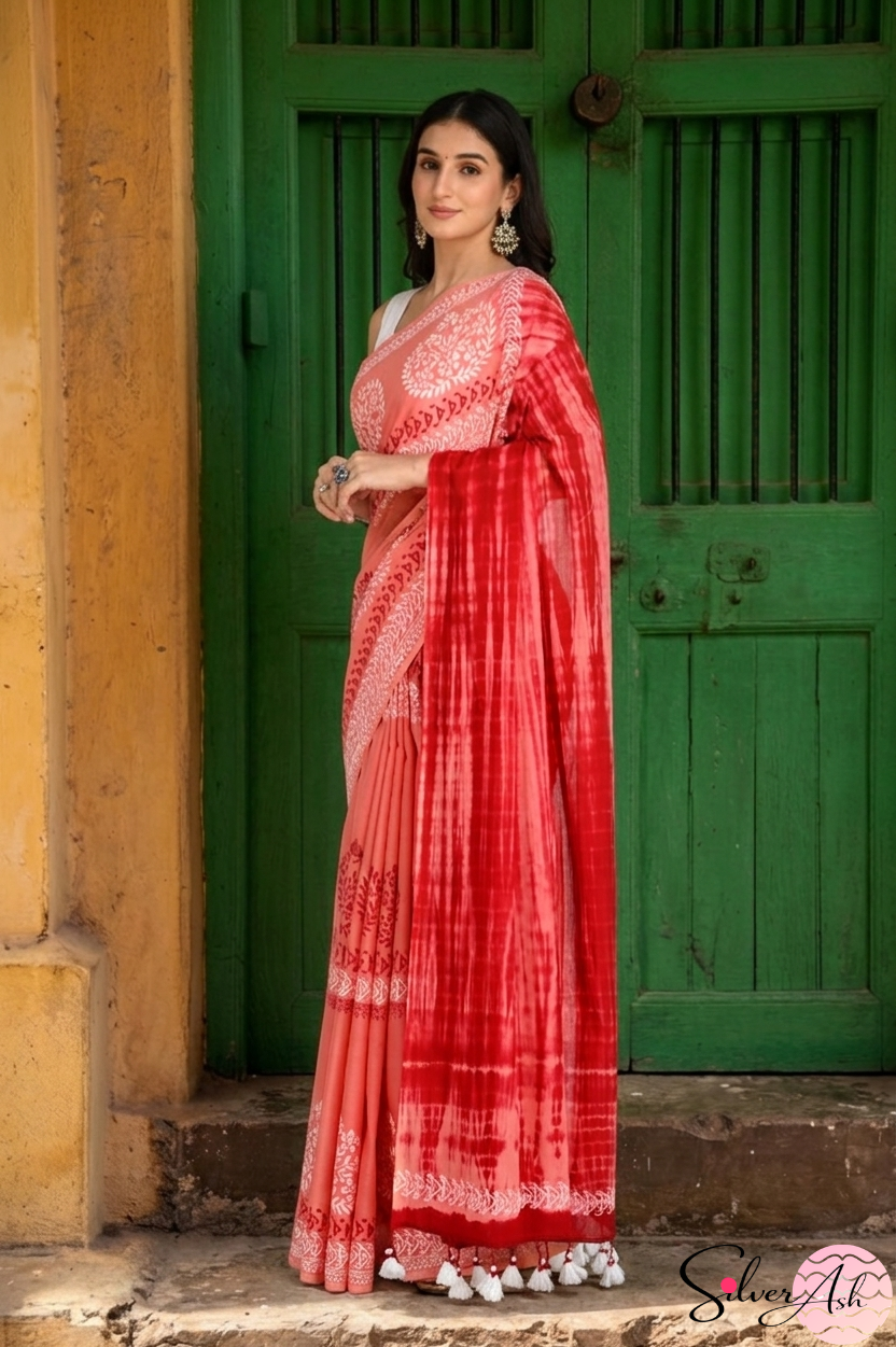 Handblock Printed DHARA MULCOTTON Peach Red Saree with Blouse Piece