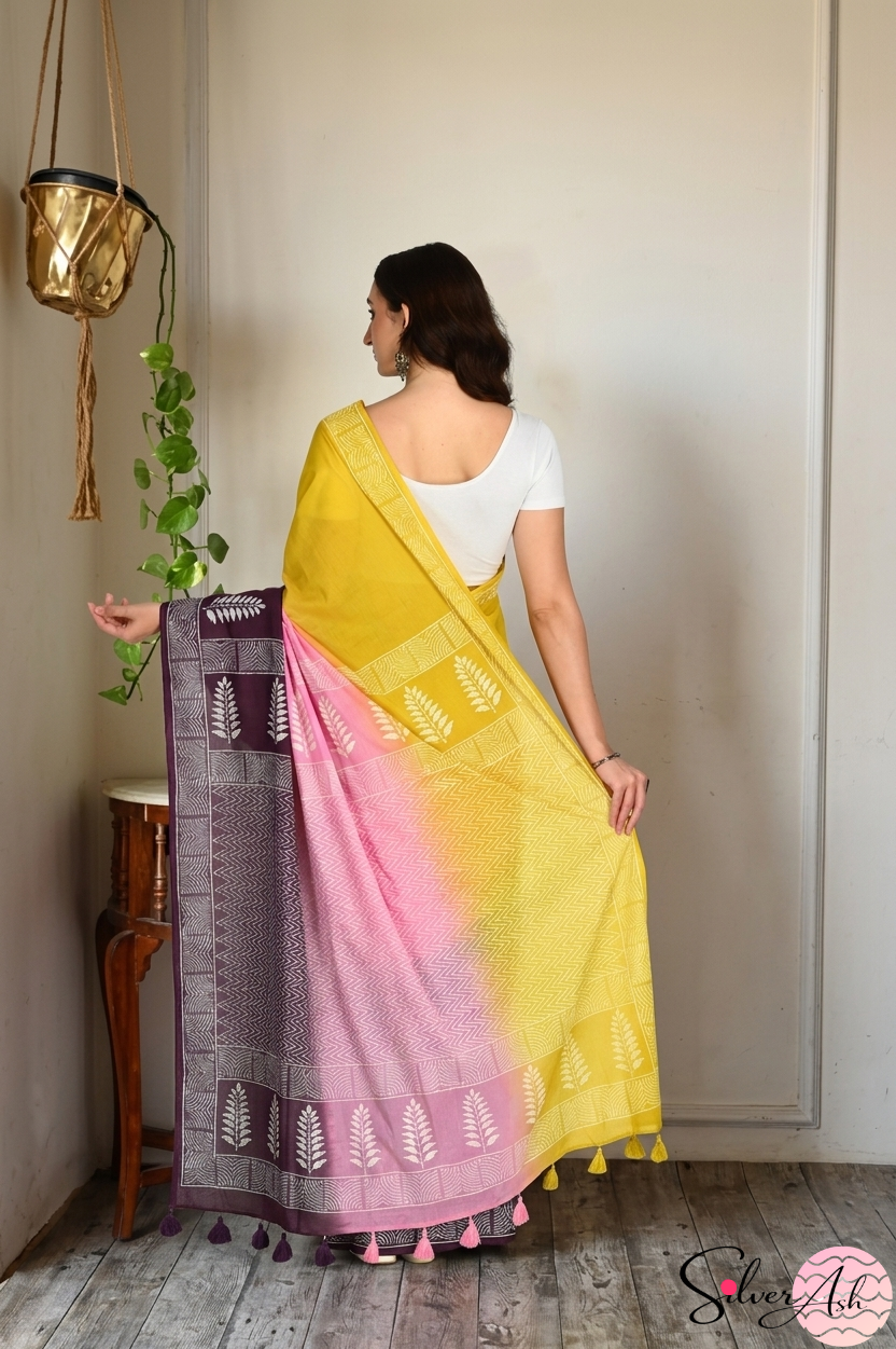 Handblock Printed TRIYA MULCOTTON Purple Saree with Blouse Piece