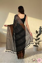 Handblock Printed DIVA MULCOTTON Black Saree with Blouse Piece