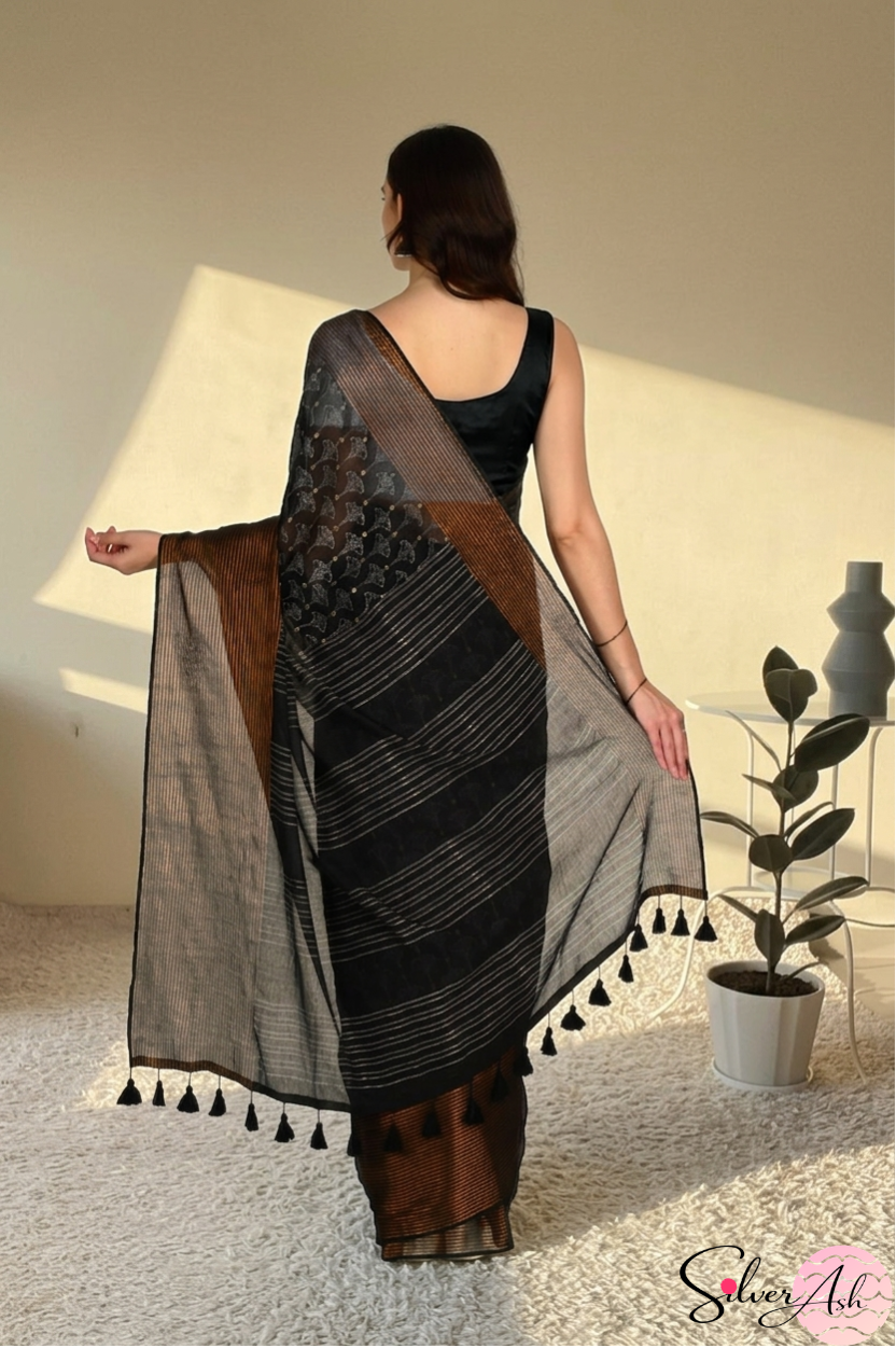 Handblock Printed DIVA MULCOTTON Black Saree with Blouse Piece