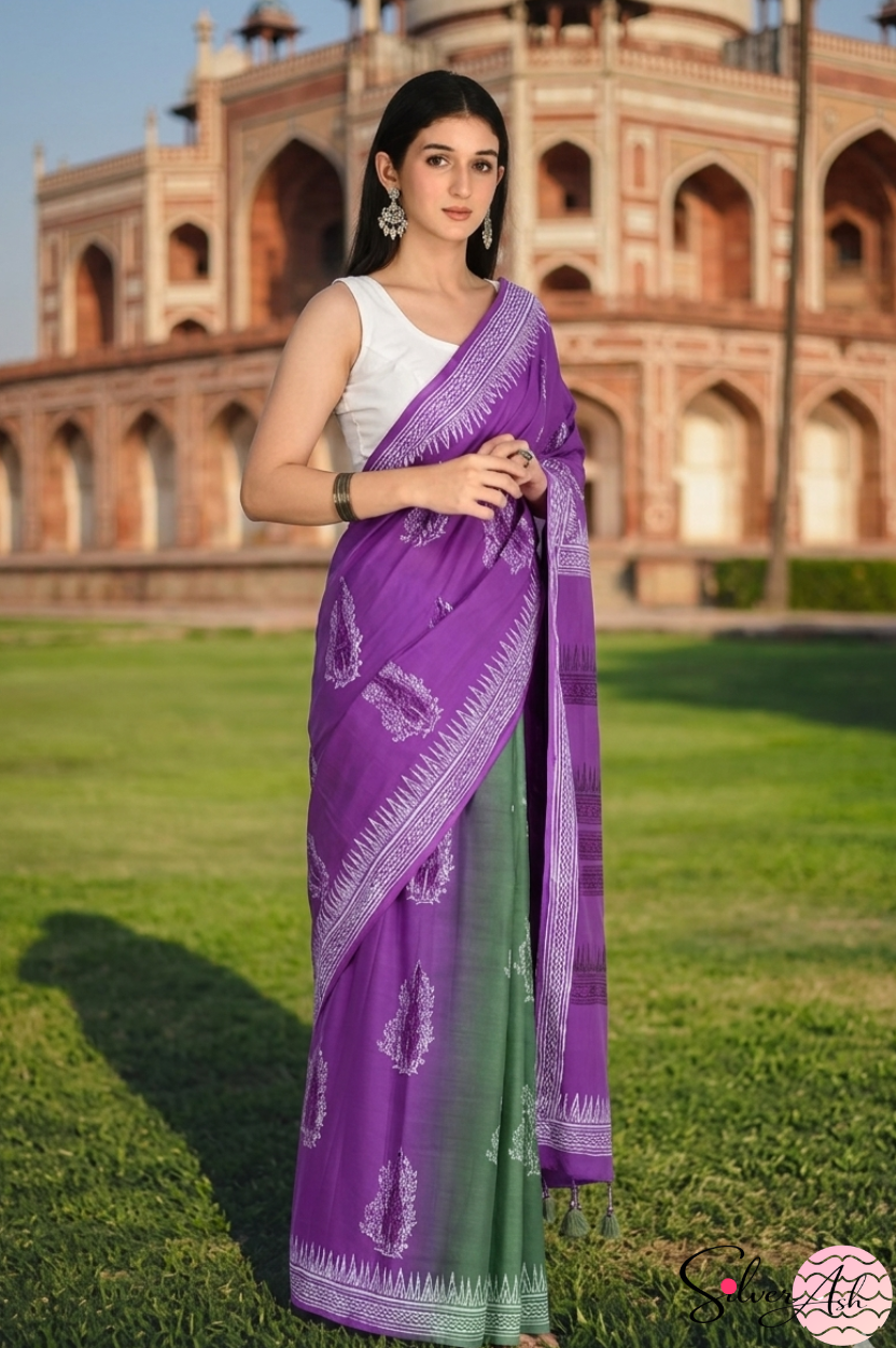 Handblock Printed DIL SE MULCOTTON Purple Green Saree with Blouse Piece