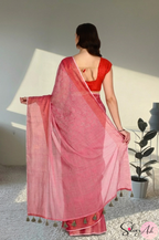 Handblock Printed DIVA MULCOTTON Pink Saree with Blouse Piece
