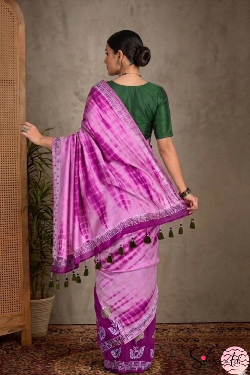 Handblock Printed MAYA MEMSAAB MUSLIN SILK Purple Saree with Blouse Piece