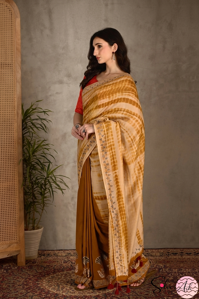 Handblock Printed MAYA MEMSAAB MUSLIN SILK Mustard Saree with Blouse Piece