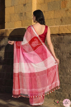 Handblock Printed RANG DE MOHE LINEN PINK-RED Saree with Blouse Piece