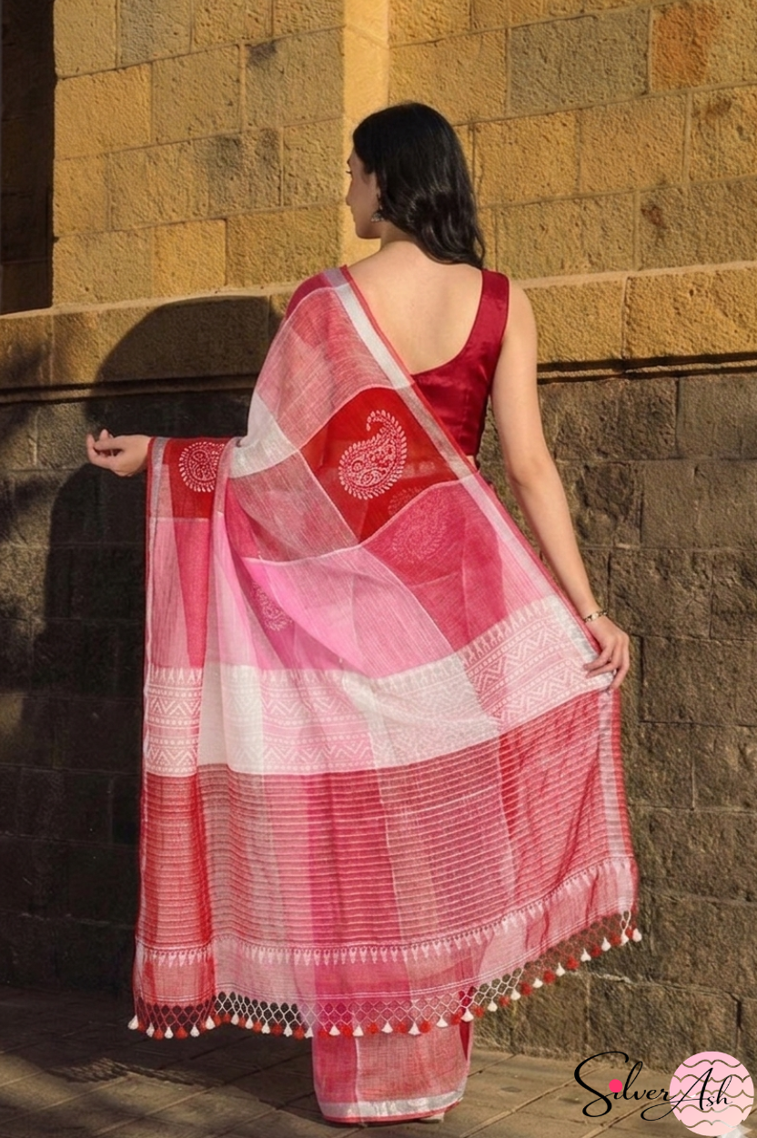 Handblock Printed RANG DE MOHE LINEN PINK-RED Saree with Blouse Piece