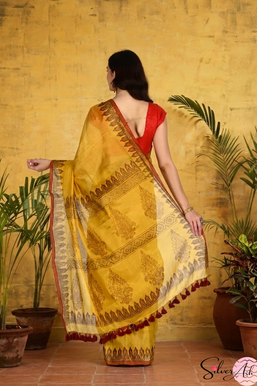 Handblock Printed RAAS Tissue Yellow Saree with Blouse Piece