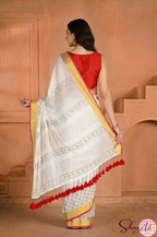 Handblock Printed KASHVI MULCOTTON White Saree with Blouse Piece