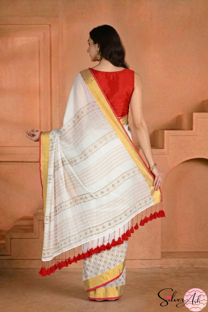 Handblock Printed KASHVI MULCOTTON White Saree with Blouse Piece