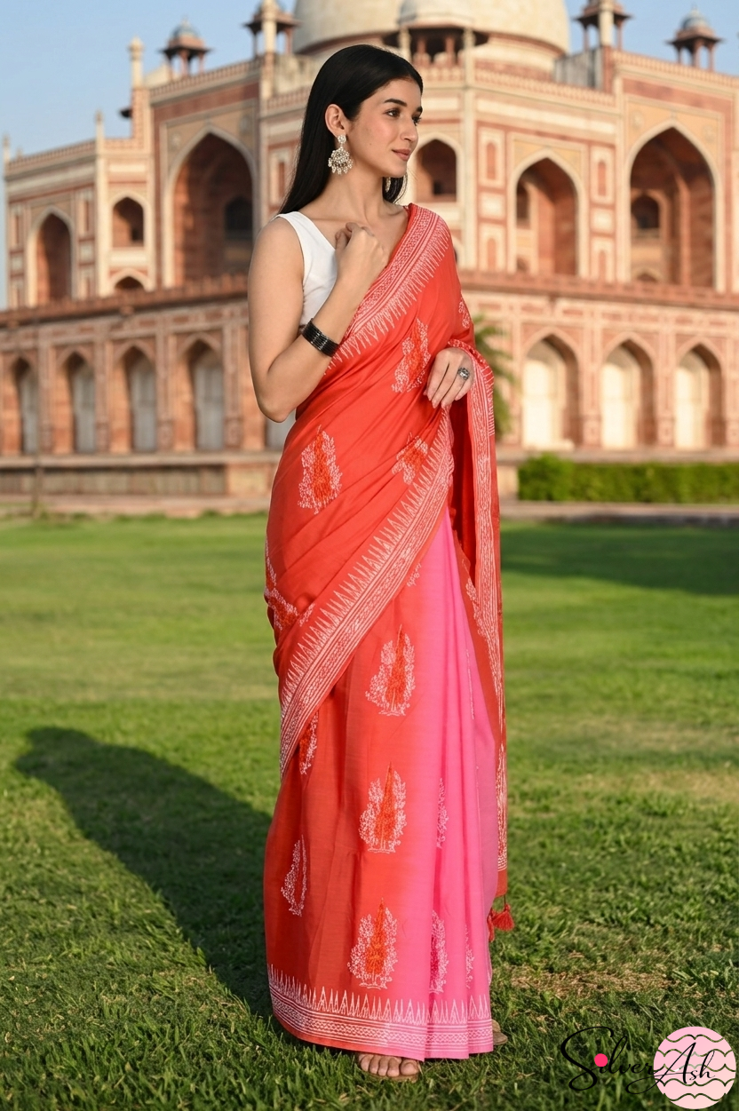 Handblock Printed DIL SE MULCOTTON Peach Pink Saree with Blouse Piece