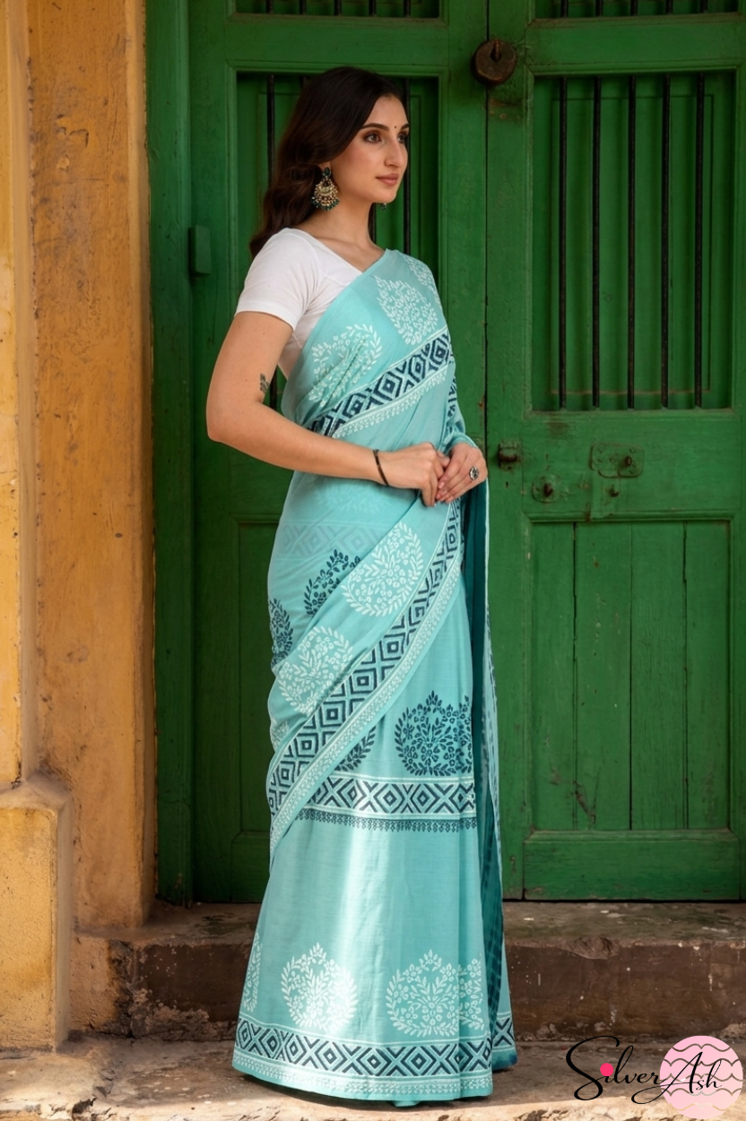 Handblock Printed DHARA MULCOTTON Firozi Blue Saree with Blouse Piece