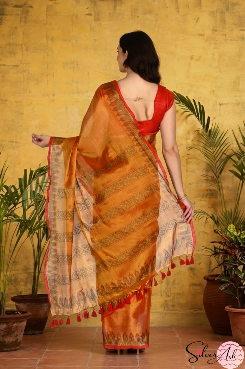Handblock Printed RAAS Tissue Orange Saree with Blouse Piece