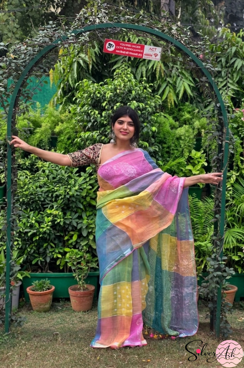 Handblock Printed RANG DE MOHE LINEN GREEN-PINK Saree with Blouse Piece