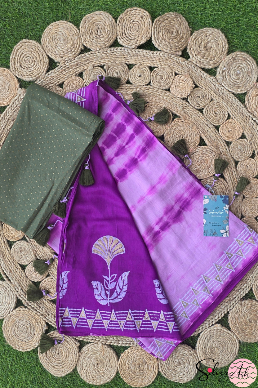 Handblock Printed MAYA MEMSAAB MUSLIN SILK Purple Saree with Blouse Piece