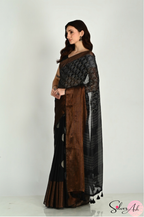 Handblock Printed DIVA MULCOTTON Black Saree with Blouse Piece