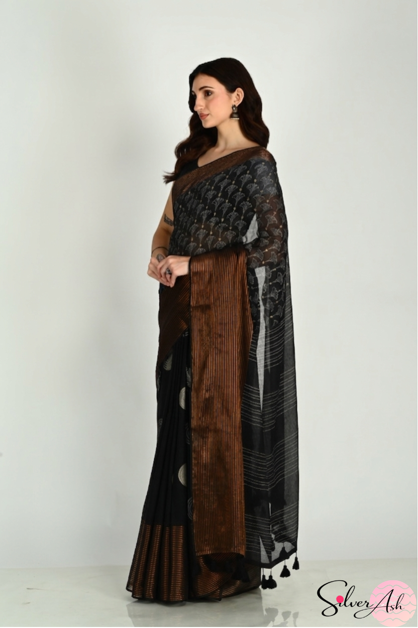 Handblock Printed DIVA MULCOTTON Black Saree with Blouse Piece