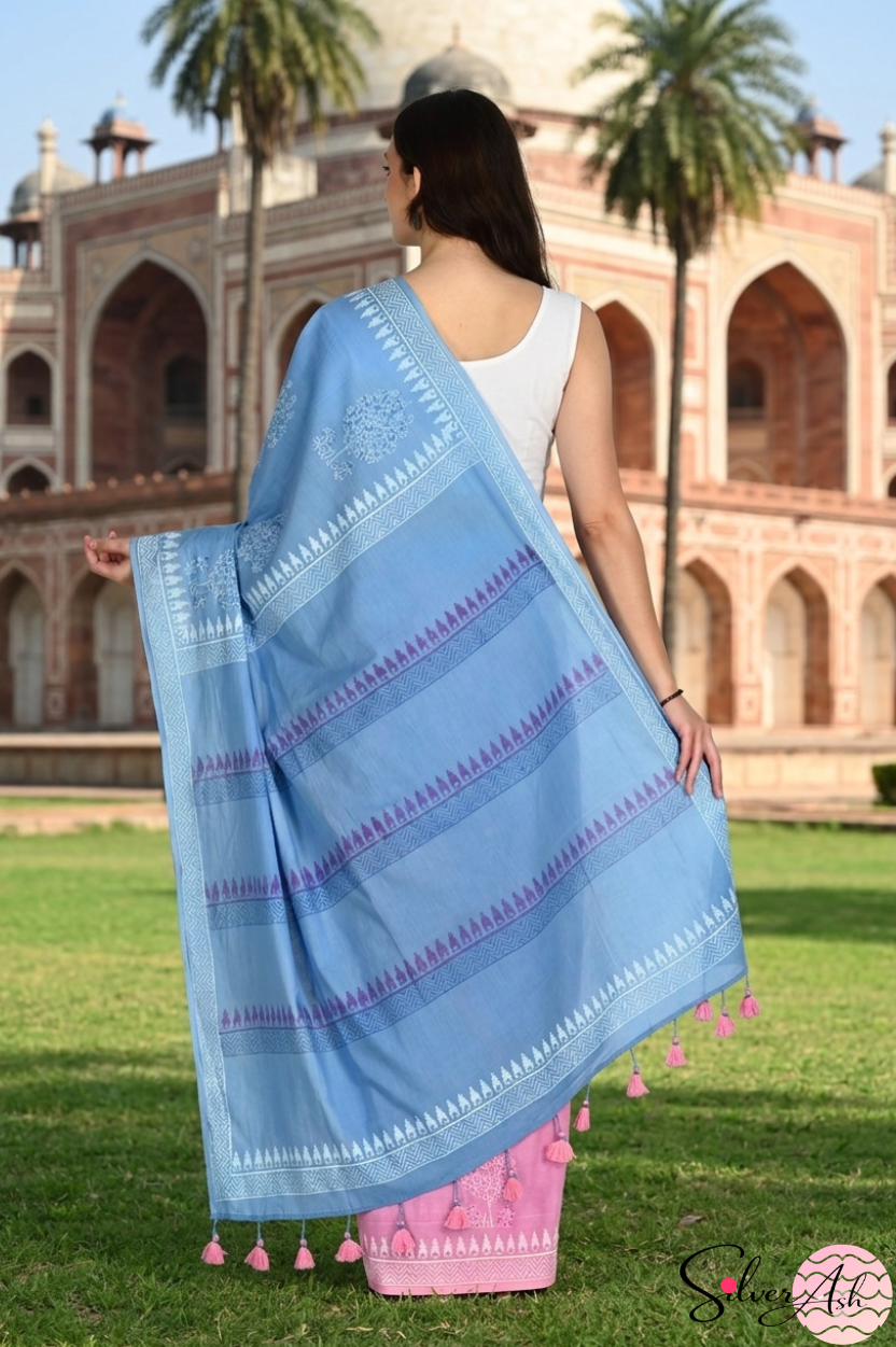Handblock Printed DIL SE MULCOTTON Blue Pink Saree with Blouse Piece