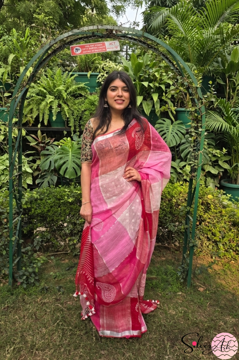 Handblock Printed RANG DE MOHE LINEN PINK-RED Saree with Blouse Piece