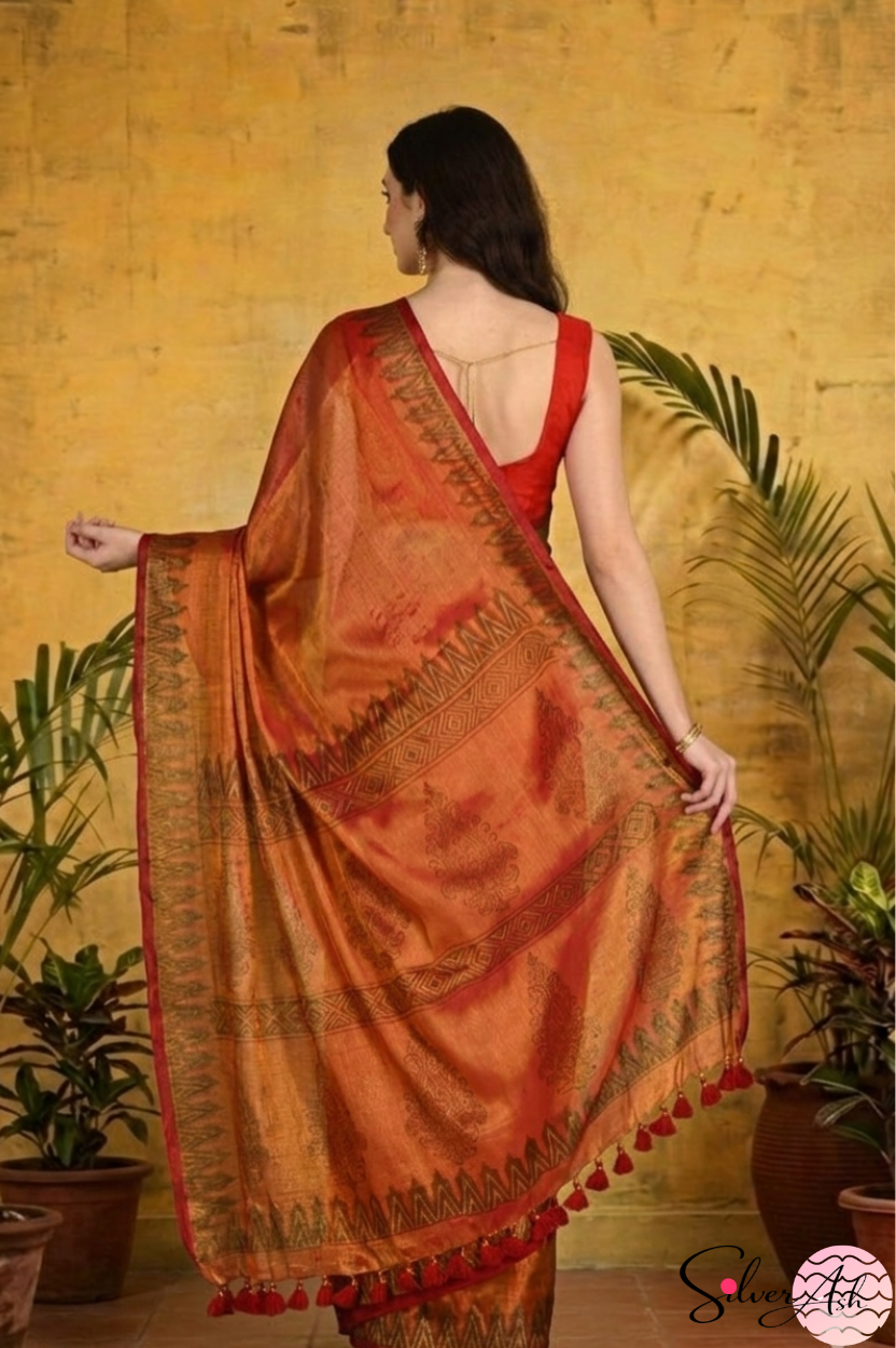Handblock Printed RAAS Tissue Red Saree with Blouse Piece
