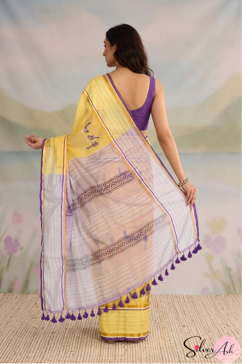 Handblock Printed CHIDIYA MULCOTTON Yellow Saree with Blouse Piece