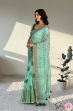 Handblock Printed DIVA MULCOTTON Green Saree with Blouse Piece