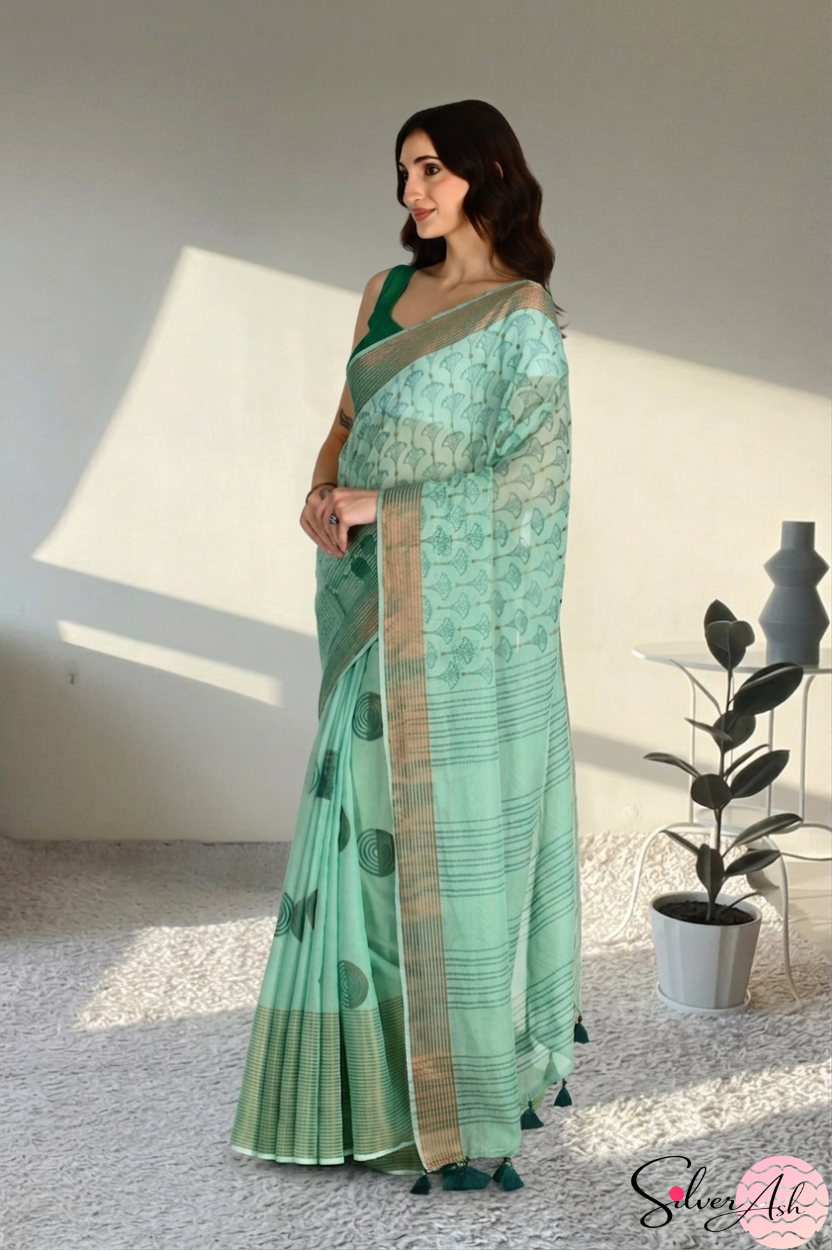 Handblock Printed DIVA MULCOTTON Green Saree with Blouse Piece