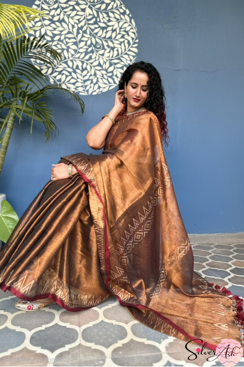 Handblock Printed RAAS Tissue Copper Saree with Blouse Piece